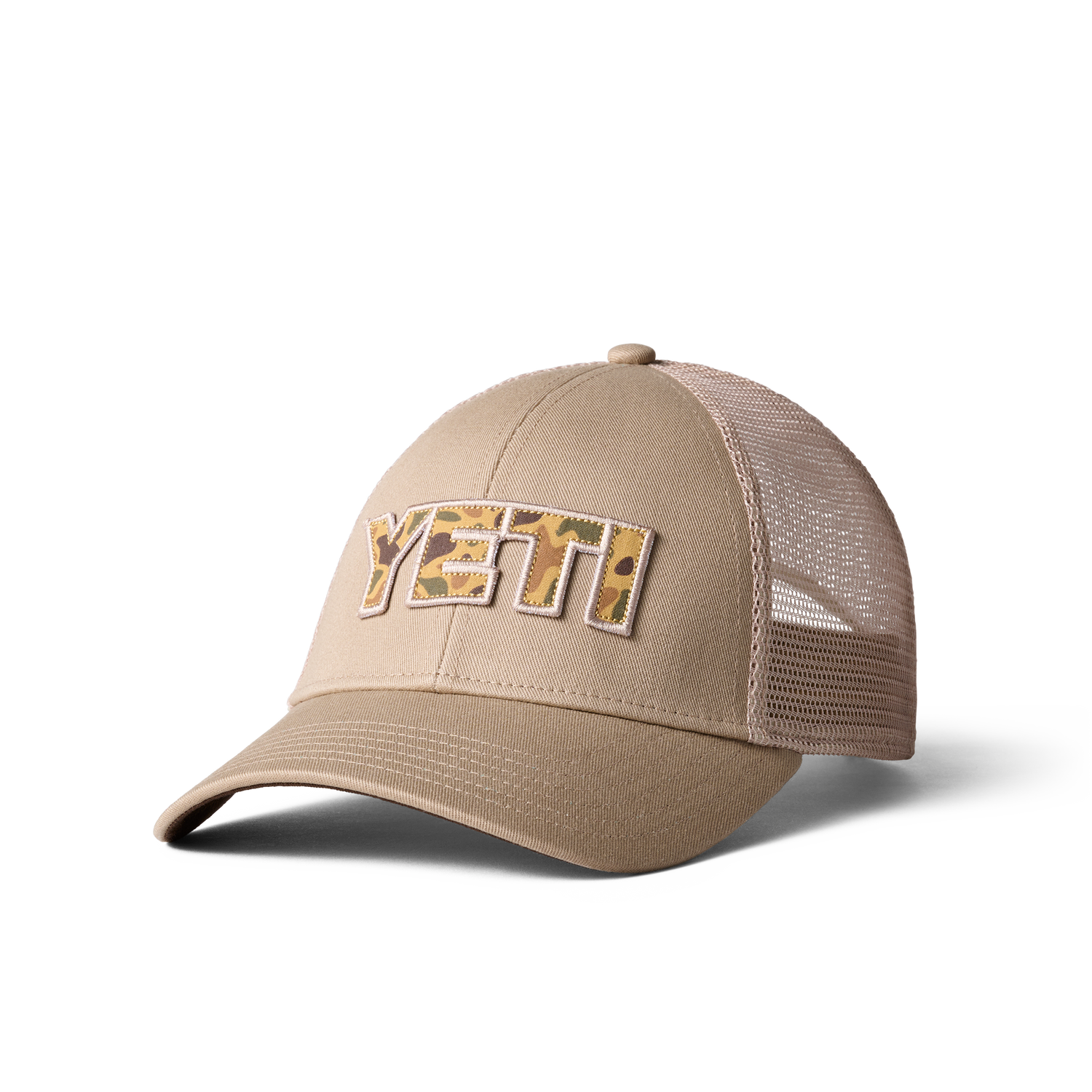 YETI Camo Logo Badge Trucker Hat Khaki