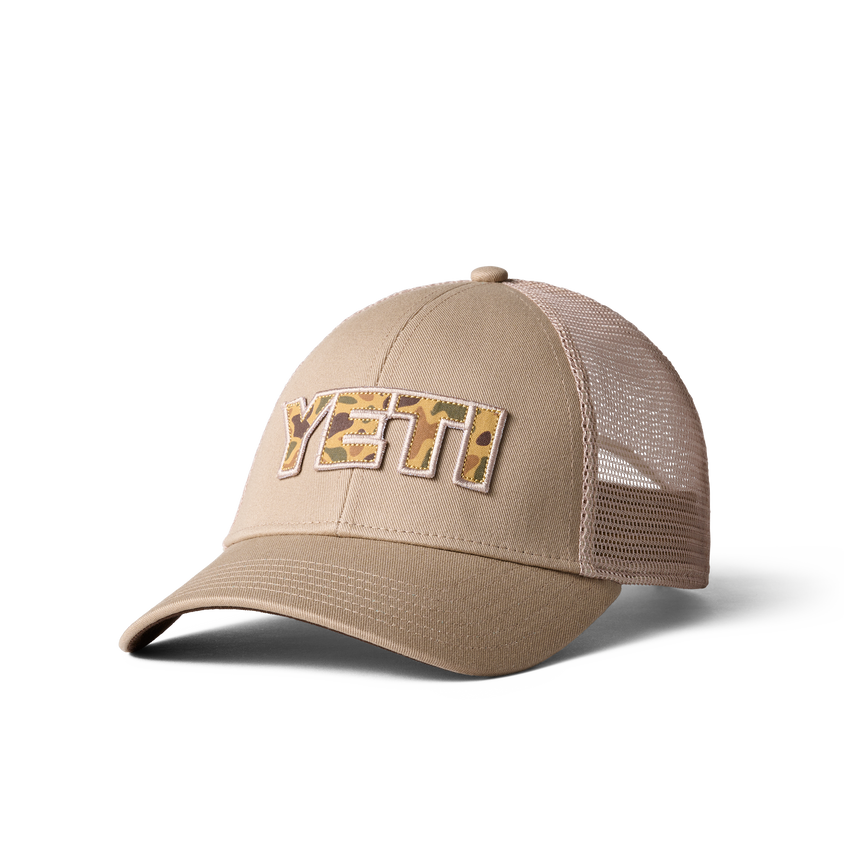 YETI Camo Logo Badge Trucker Hat Khaki