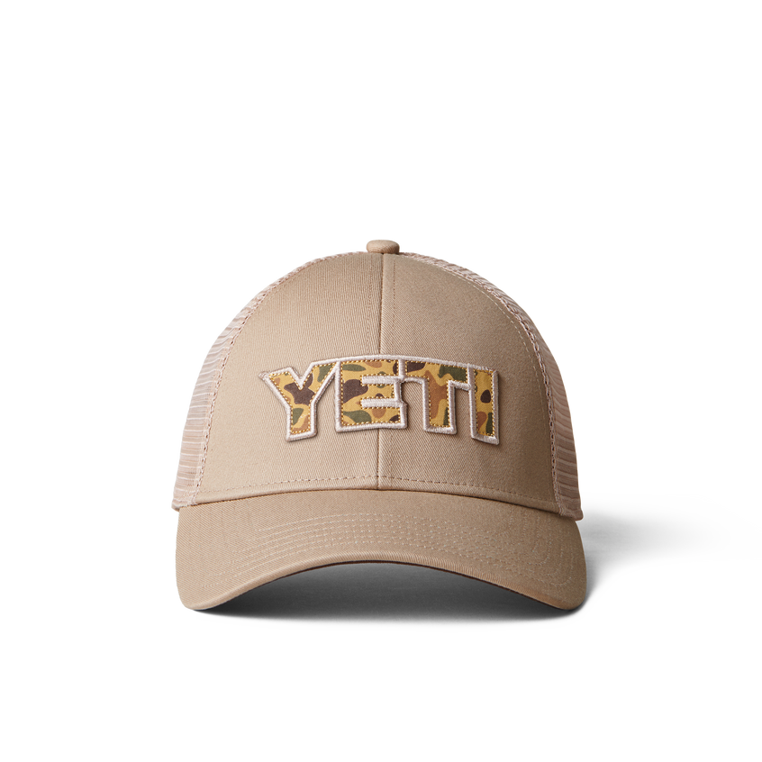 YETI Camo Logo Badge Trucker Hat Khaki