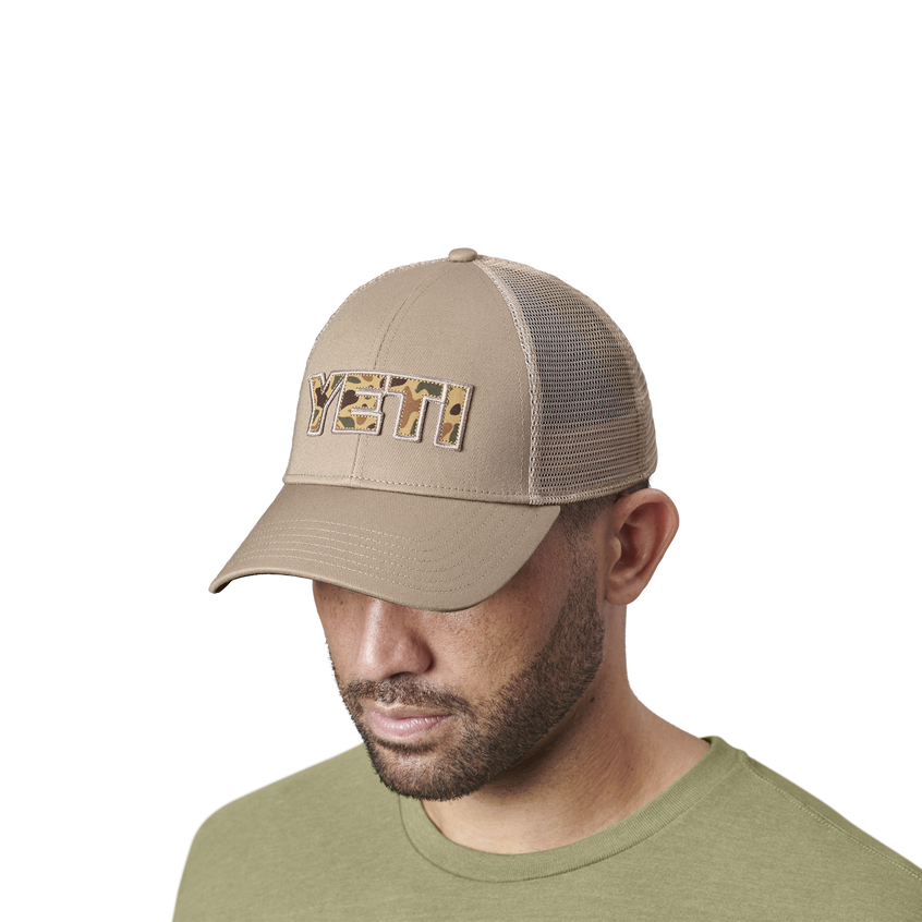 YETI Camo Logo Badge Trucker Hat Khaki