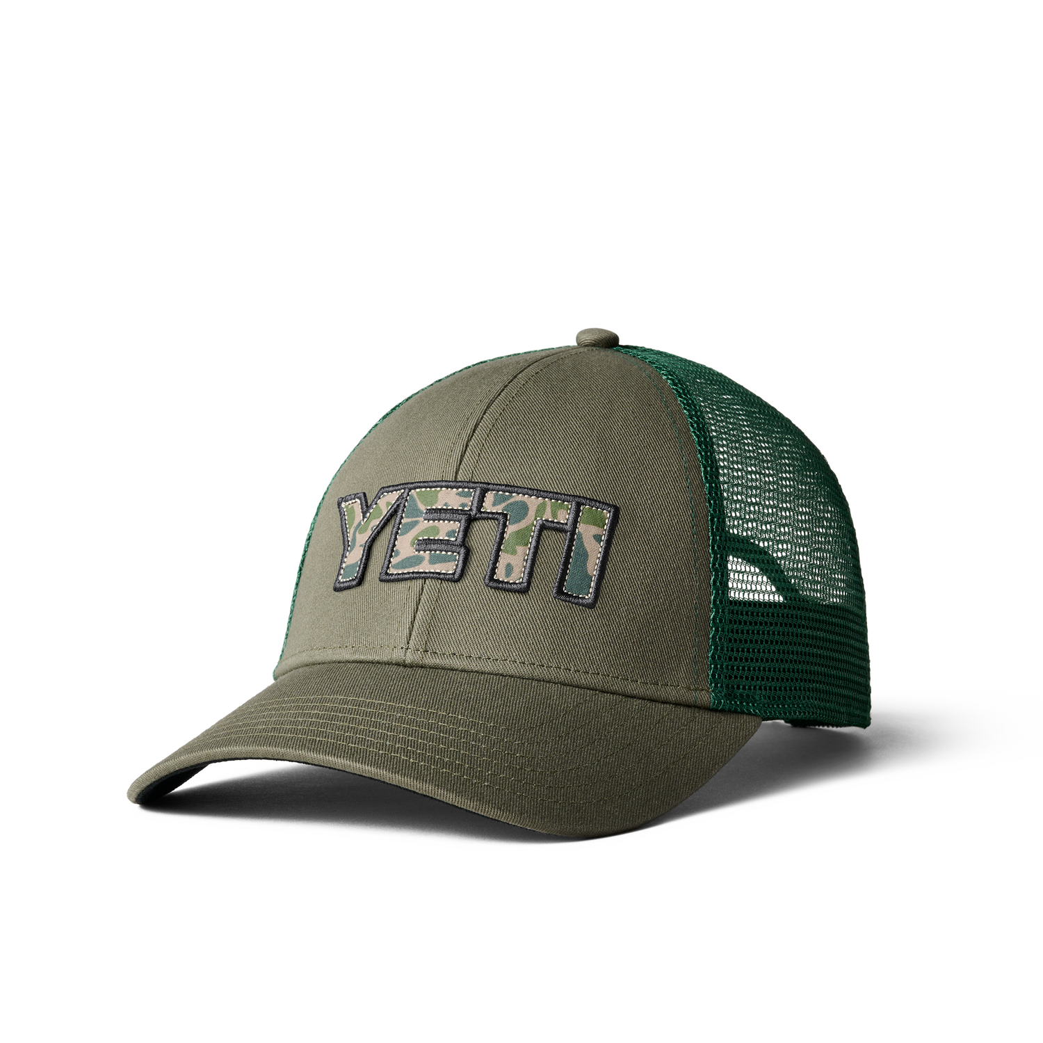 YETI Camo Logo Badge Trucker Hat Olive